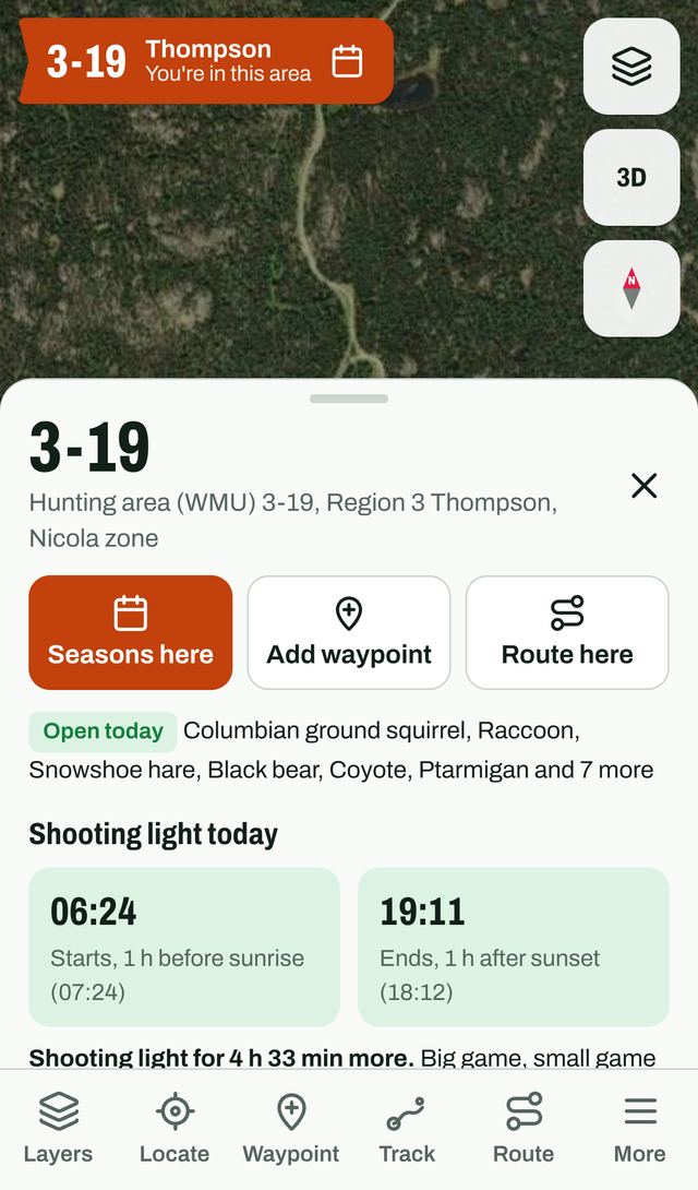 The card for a hunting area with open seasons and shooting light times