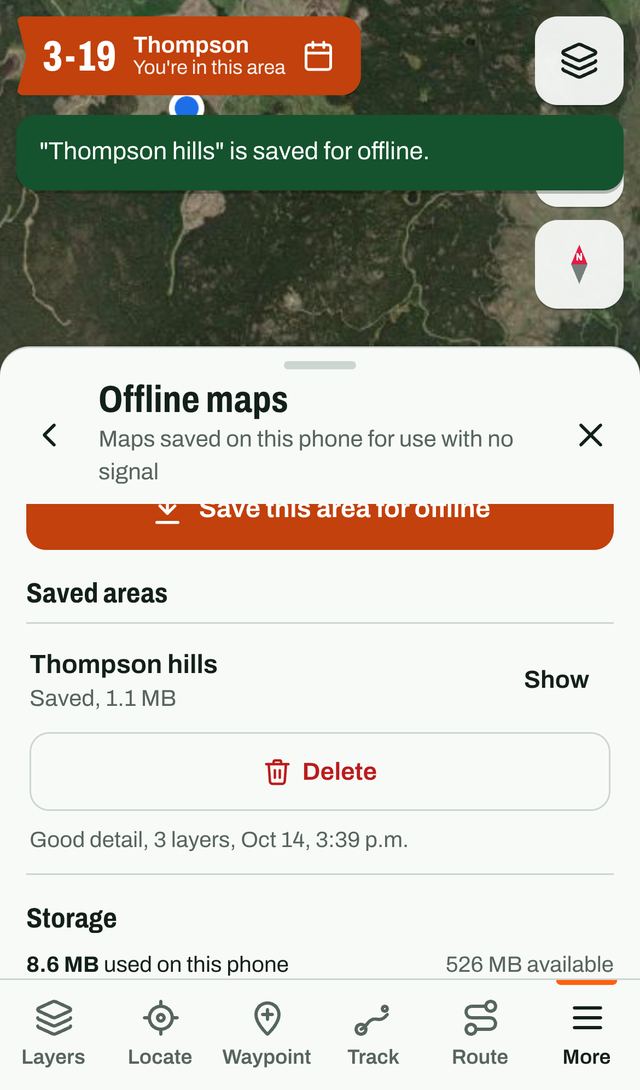 The offline maps list with a saved area called Thompson hills