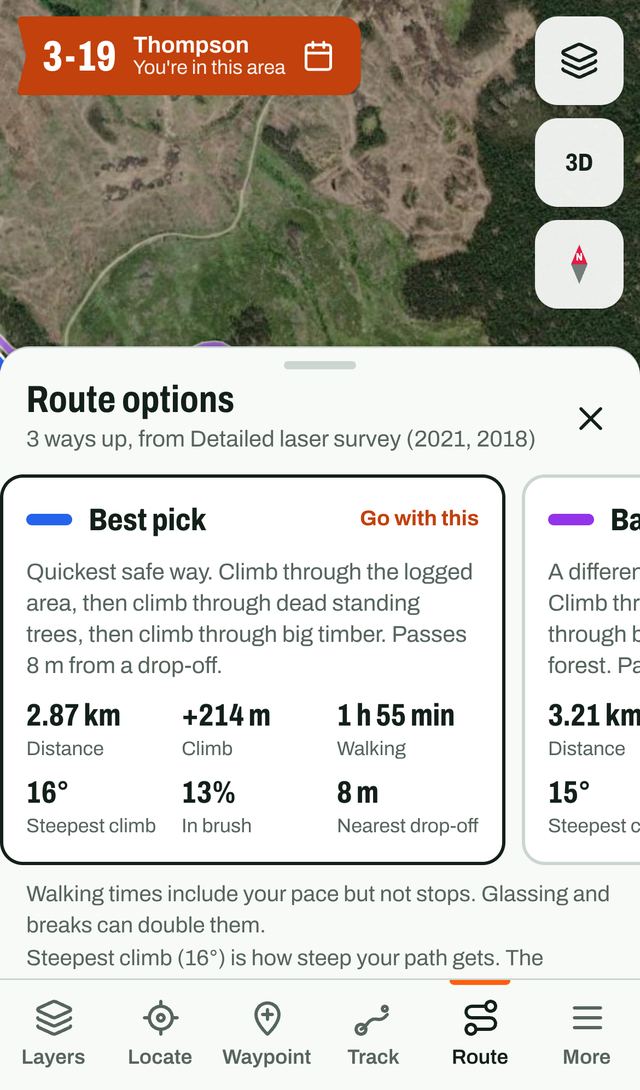 The route finder showing three routes through logged and forested ground, with distance, climb and walking time