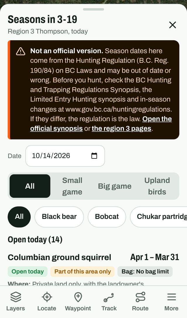 The seasons list for a hunting area, filtered to what is open today
